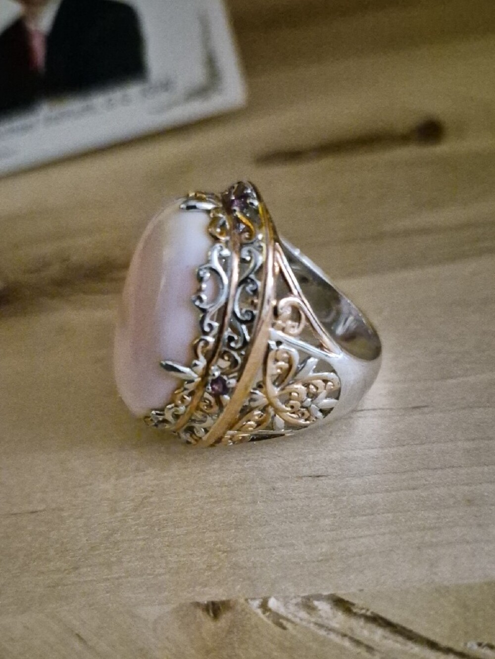 Pink OPAL Stone Filigree Ring SIze 9 - Picture 2 of 6